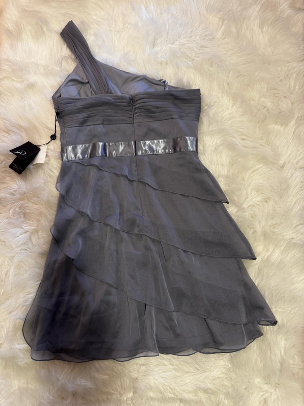 Adrianna Papell Draped One-Shoulder Flutter Chiffon Dress Size 8 NWT Silver Gray - Picture 8 of 12